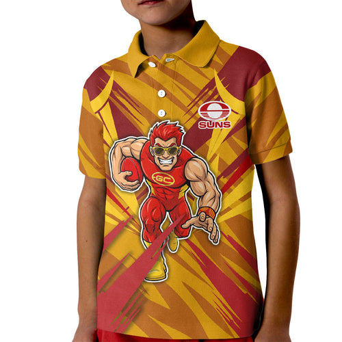 Gold Coast Suns Australian Football Kid Polo Shirt Heroic Solar Mascot - Bold Team Colors