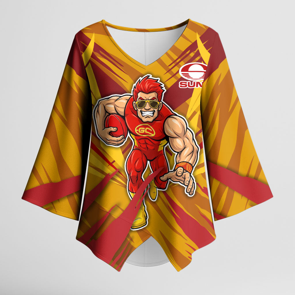 Gold Coast Suns Australian Football Kimono Sleeve Blouse Heroic Solar Mascot - Bold Team Colors