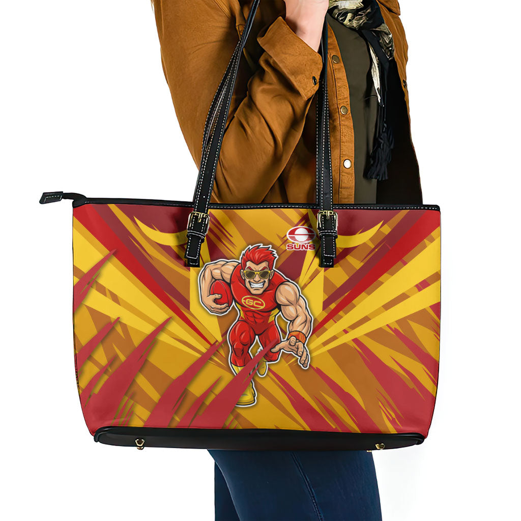 Gold Coast Suns Australian Football Leather Tote Bag Heroic Solar Mascot - Bold Team Colors