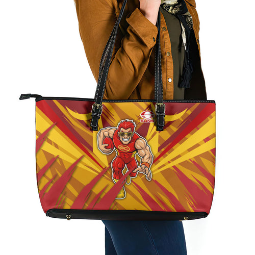 Gold Coast Suns Australian Football Leather Tote Bag Heroic Solar Mascot - Bold Team Colors