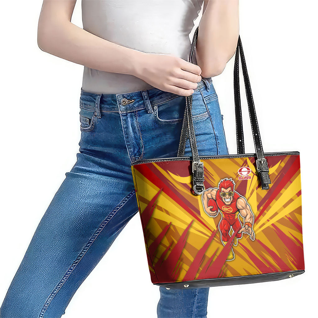Gold Coast Suns Australian Football Leather Tote Bag Heroic Solar Mascot - Bold Team Colors