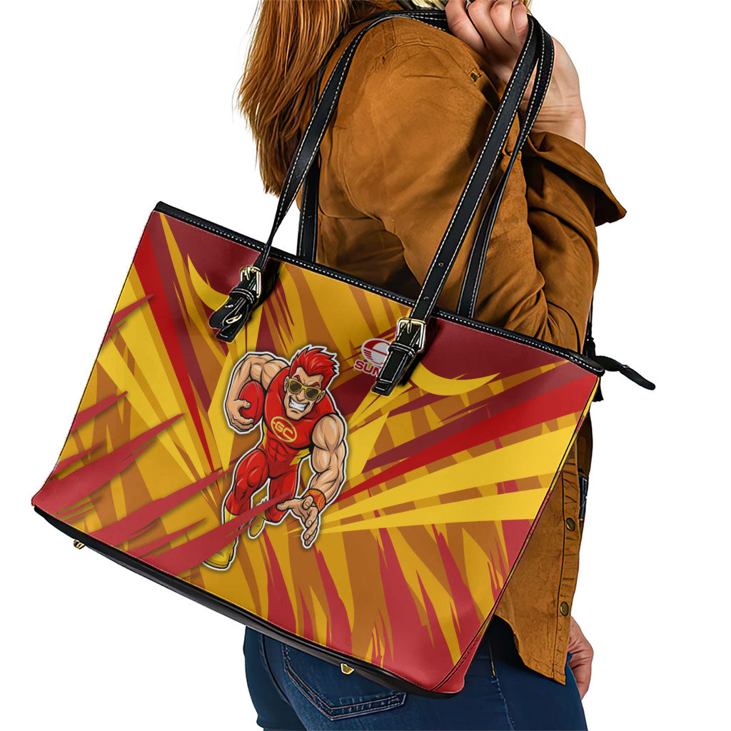 Gold Coast Suns Australian Football Leather Tote Bag Heroic Solar Mascot - Bold Team Colors