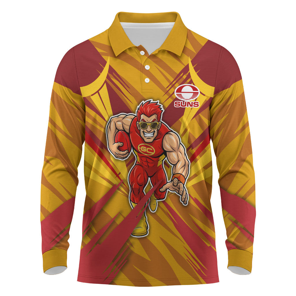 Gold Coast Suns Australian Football Long Sleeve Polo Shirt Heroic Solar Mascot - Bold Team Colors