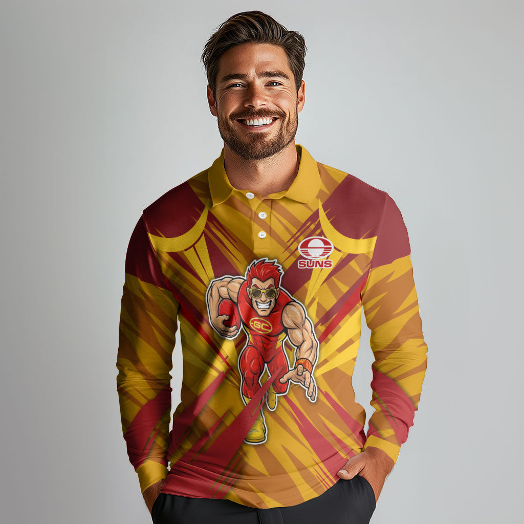 Gold Coast Suns Australian Football Long Sleeve Polo Shirt Heroic Solar Mascot - Bold Team Colors