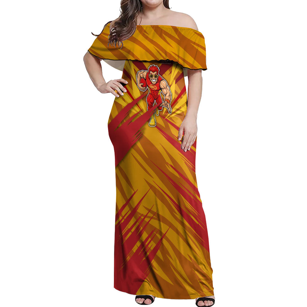Gold Coast Suns Australian Football Off Shoulder Maxi Dress Heroic Solar Mascot - Bold Team Colors