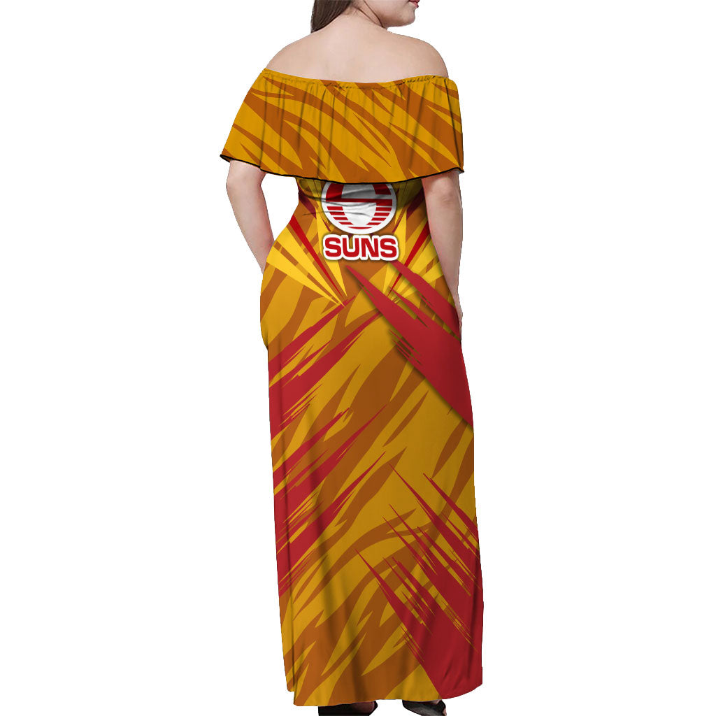 Gold Coast Suns Australian Football Off Shoulder Maxi Dress Heroic Solar Mascot - Bold Team Colors