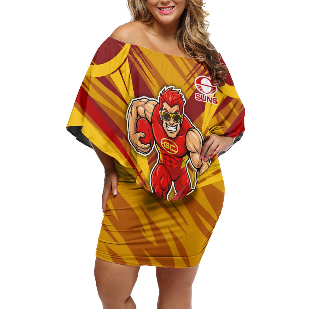 Gold Coast Suns Australian Football Off Shoulder Short Dress Heroic Solar Mascot - Bold Team Colors