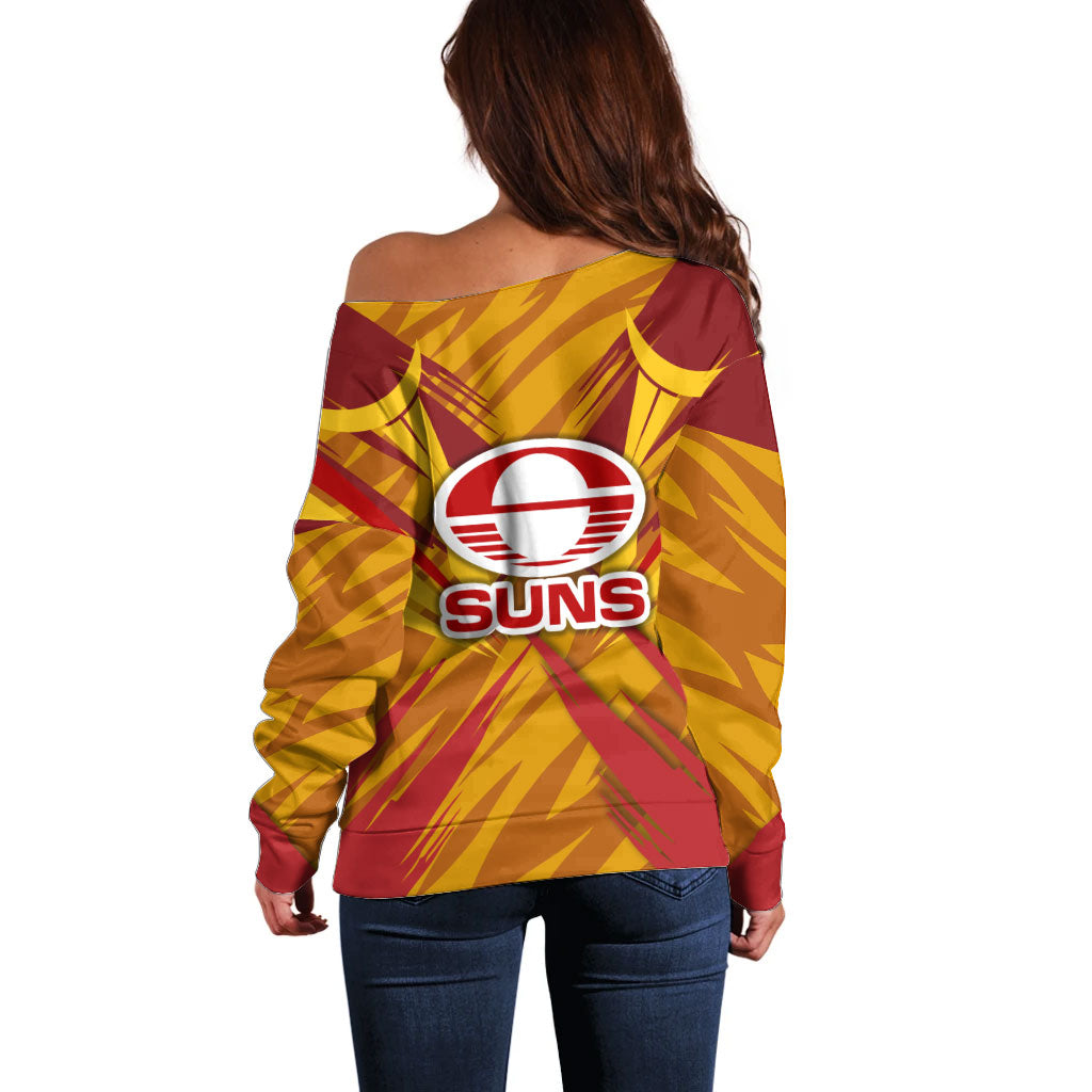 Gold Coast Suns Australian Football Off Shoulder Sweater Heroic Solar Mascot - Bold Team Colors