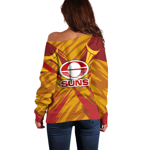 Gold Coast Suns Australian Football Off Shoulder Sweater Heroic Solar Mascot - Bold Team Colors