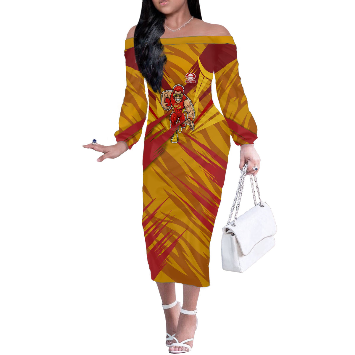 Gold Coast Suns Australian Football Off The Shoulder Long Sleeve Dress Heroic Solar Mascot - Bold Team Colors