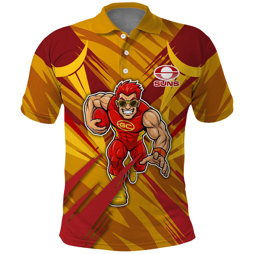 Gold Coast Suns Australian Football Polo Shirt Heroic Solar Mascot - Bold Team Colors