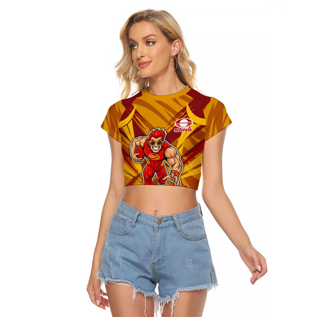 Gold Coast Suns Australian Football Raglan Cropped T Shirt Heroic Solar Mascot - Bold Team Colors