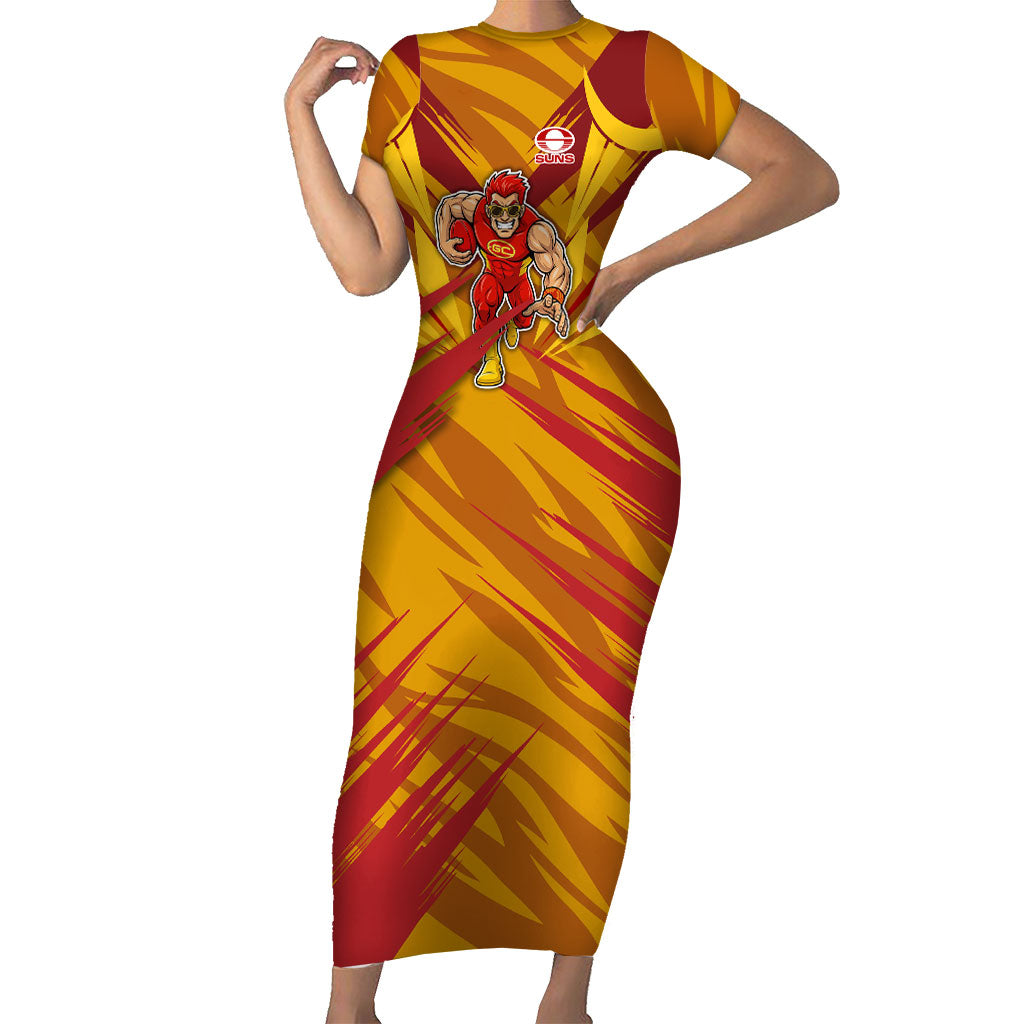 Gold Coast Suns Australian Football Short Sleeve Bodycon Dress Heroic Solar Mascot - Bold Team Colors