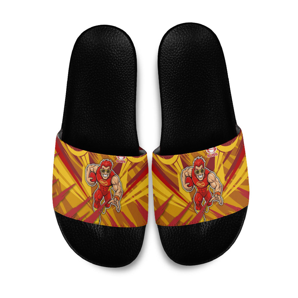 Gold Coast Suns Australian Football Slide Sandals Heroic Solar Mascot - Bold Team Colors