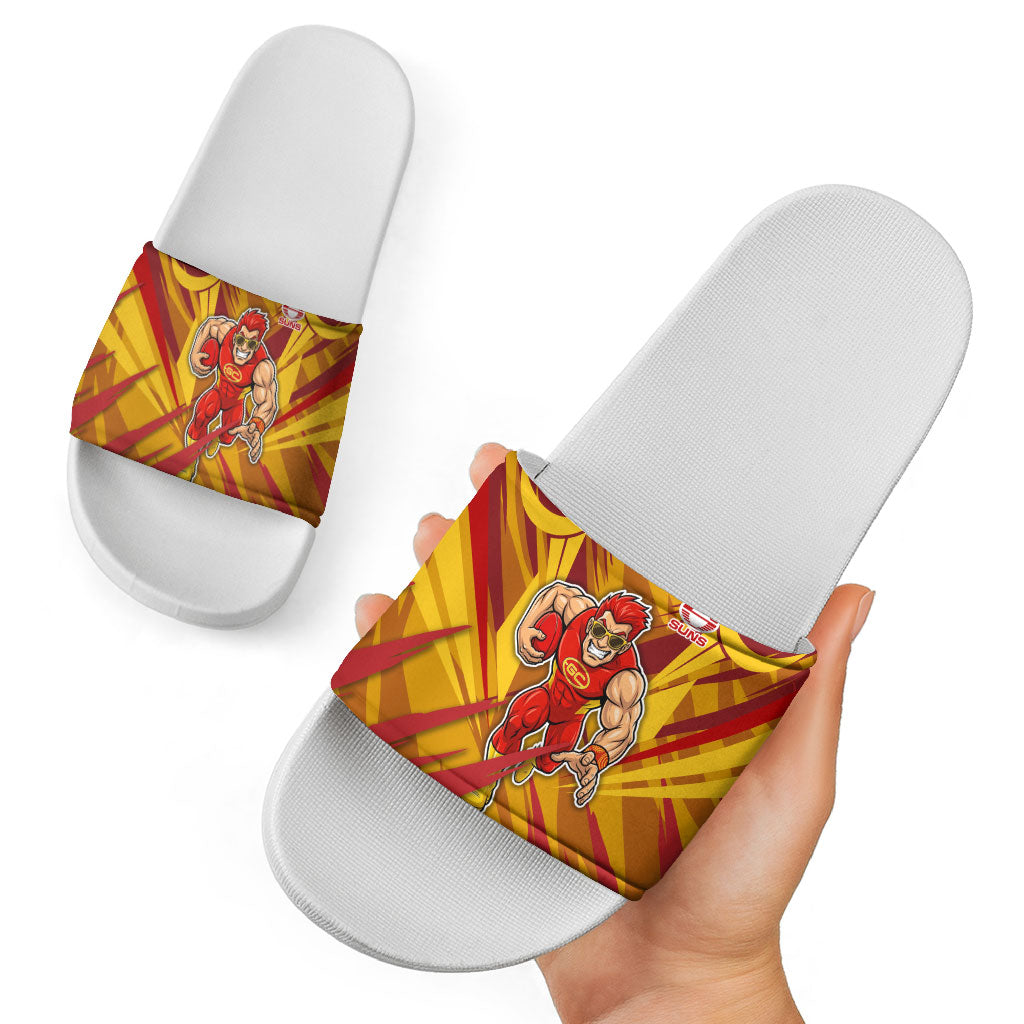 Gold Coast Suns Australian Football Slide Sandals Heroic Solar Mascot - Bold Team Colors