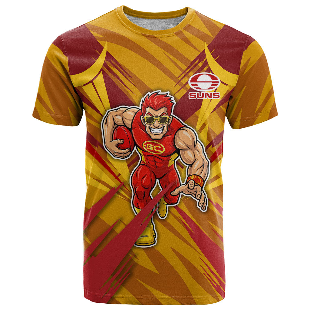 Gold Coast Suns Australian Football T Shirt Heroic Solar Mascot - Bold Team Colors