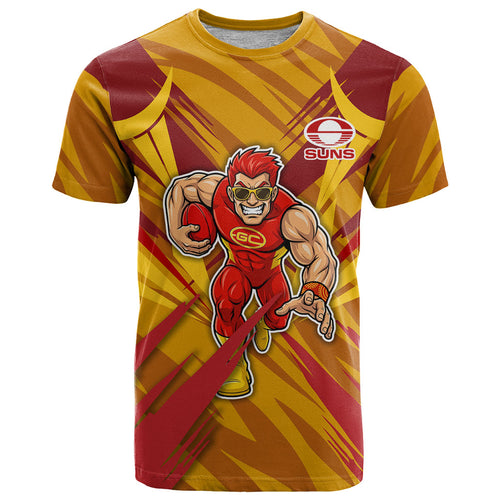 Gold Coast Suns Australian Football T Shirt Heroic Solar Mascot - Bold Team Colors