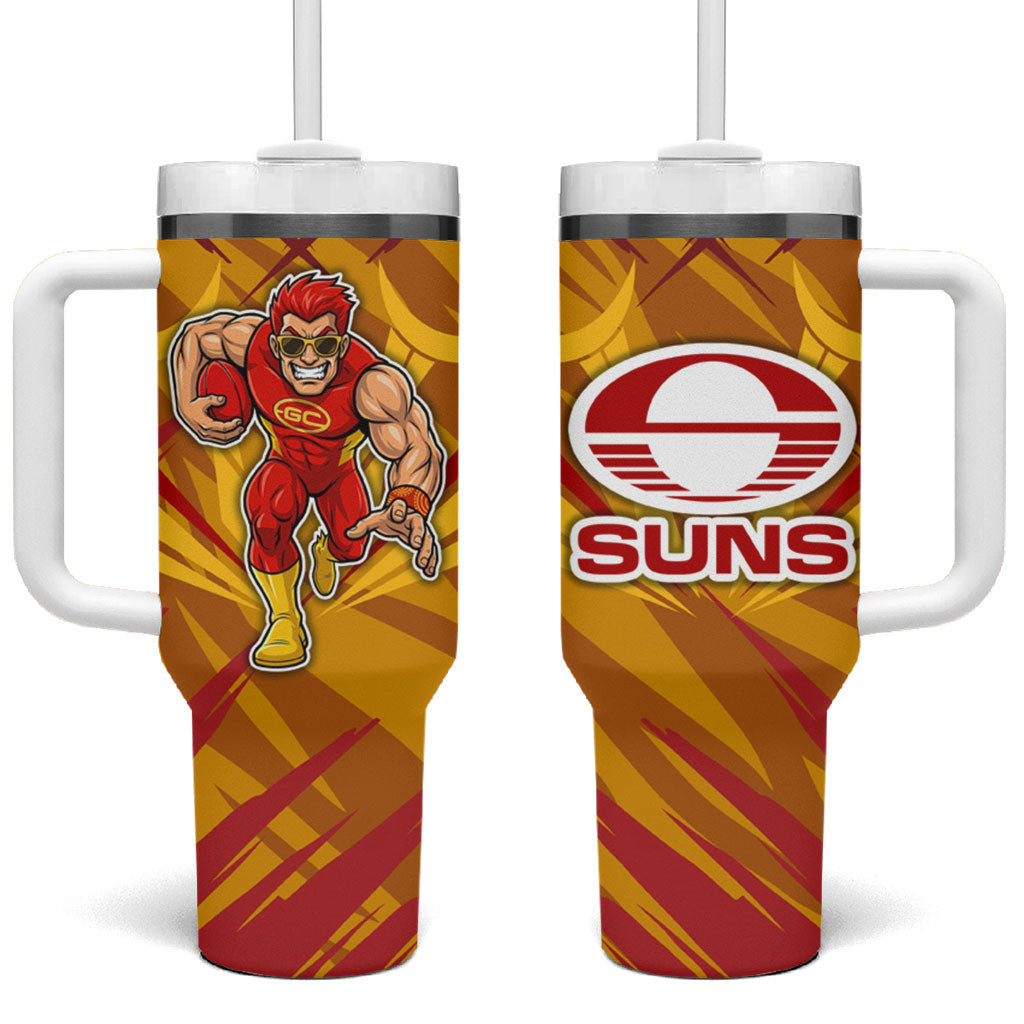 Gold Coast Suns Australian Football Tumbler With Handle Heroic Solar Mascot - Bold Team Colors