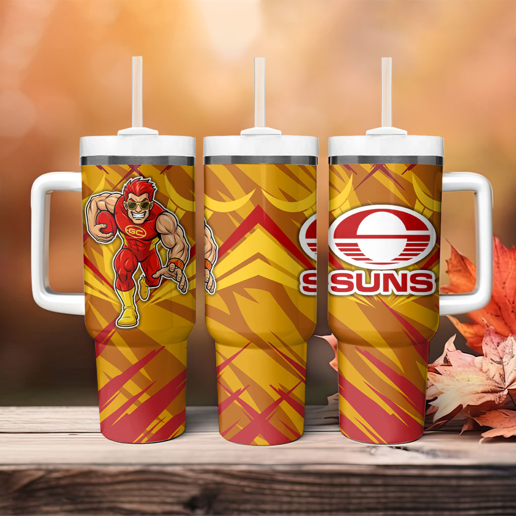 Gold Coast Suns Australian Football Tumbler With Handle Heroic Solar Mascot - Bold Team Colors