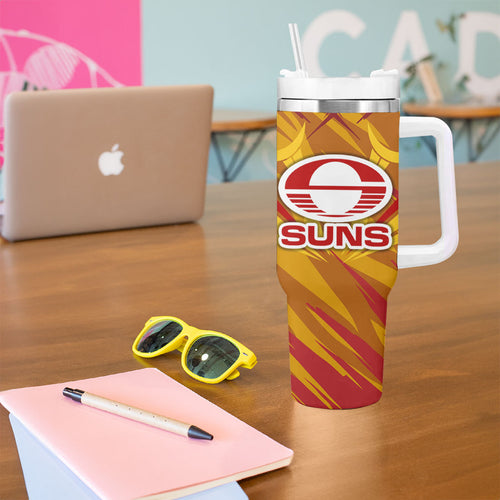 Gold Coast Suns Australian Football Tumbler With Handle Heroic Solar Mascot - Bold Team Colors