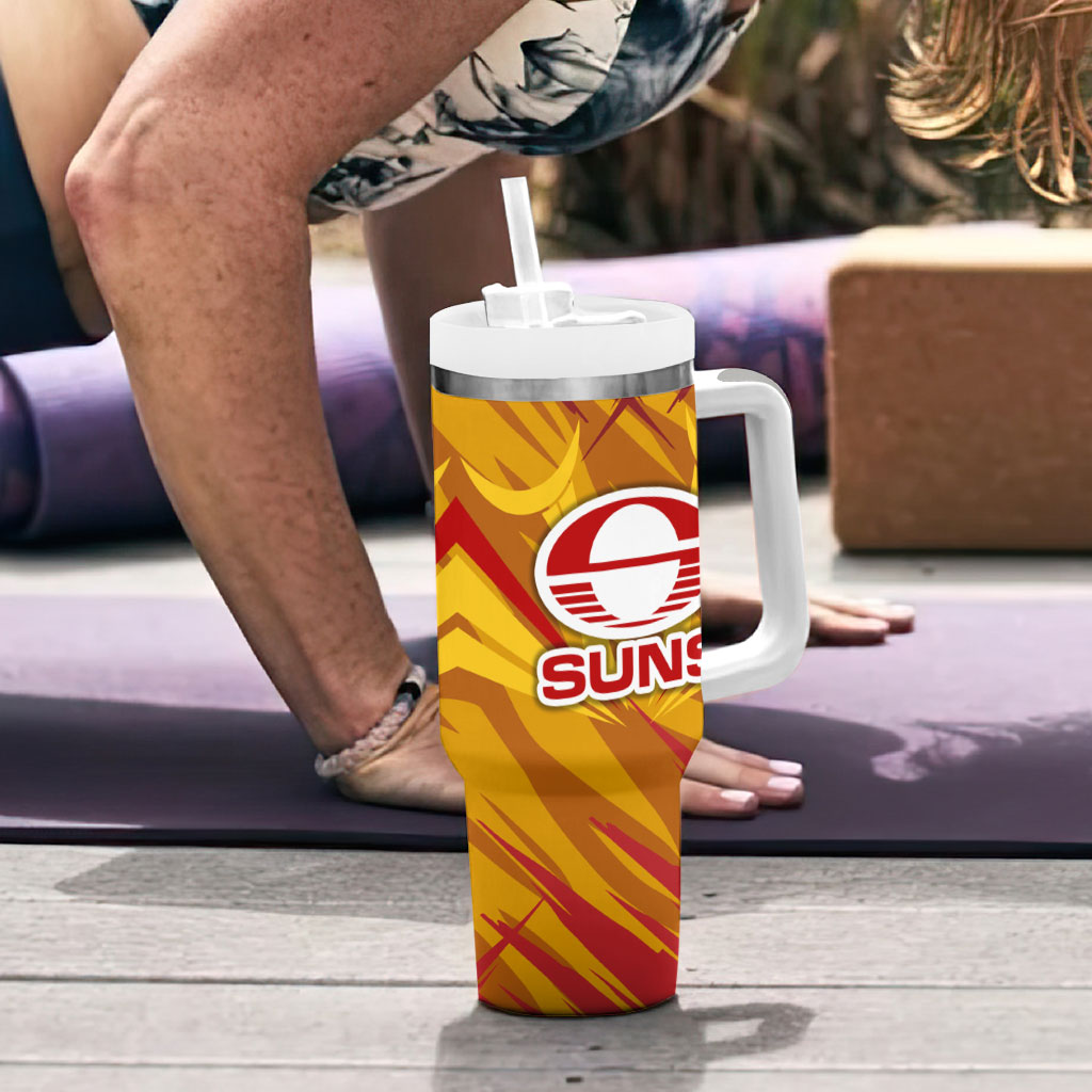 Gold Coast Suns Australian Football Tumbler With Handle Heroic Solar Mascot - Bold Team Colors