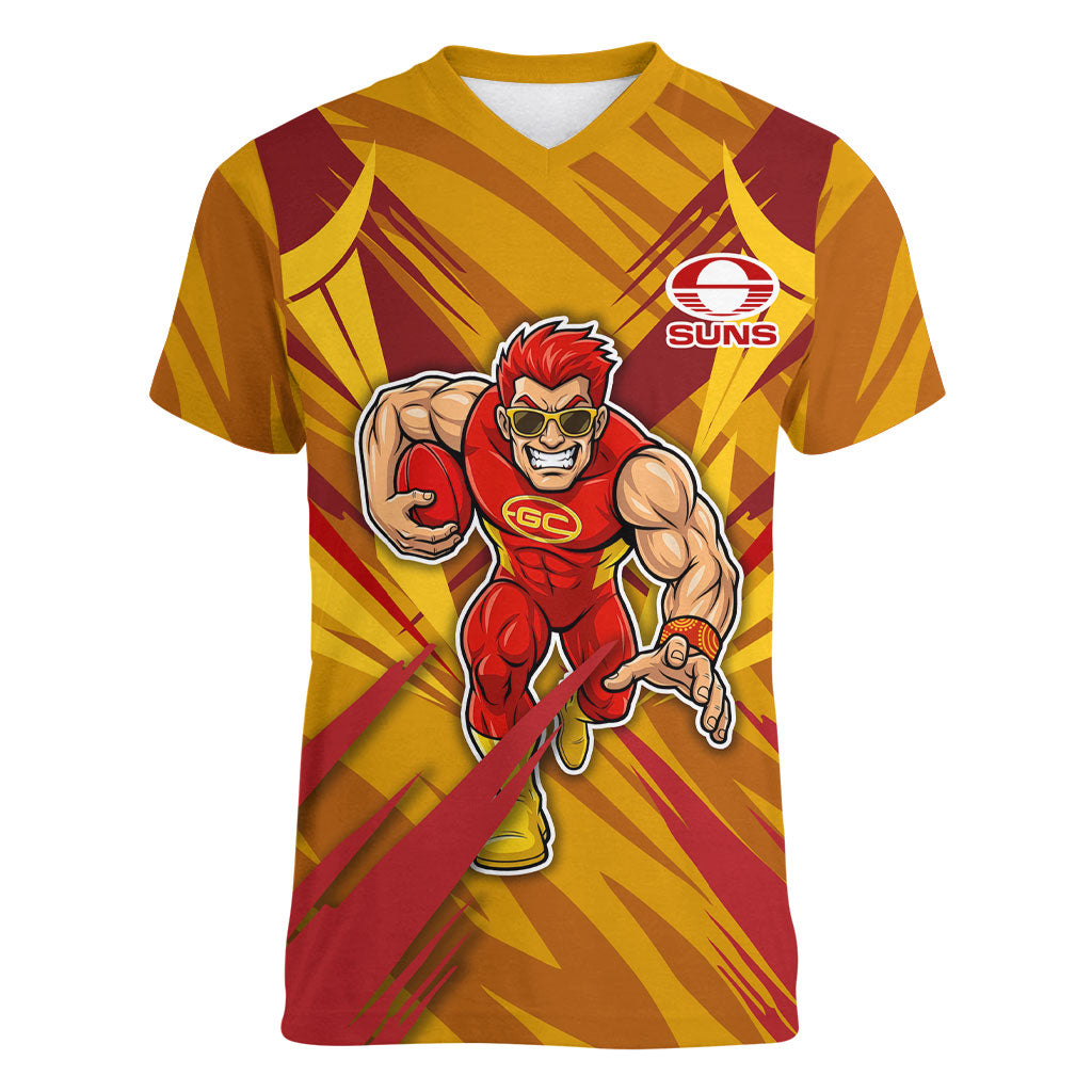 Gold Coast Suns Australian Football Women V-Neck T-Shirt Heroic Solar Mascot - Bold Team Colors