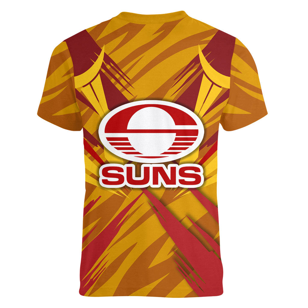 Gold Coast Suns Australian Football Women V-Neck T-Shirt Heroic Solar Mascot - Bold Team Colors