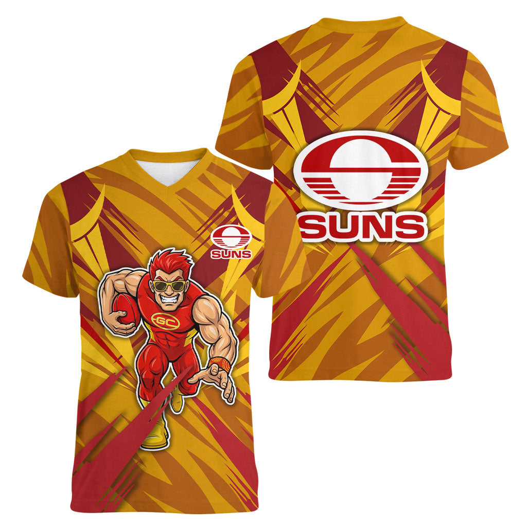 Gold Coast Suns Australian Football Women V-Neck T-Shirt Heroic Solar Mascot - Bold Team Colors