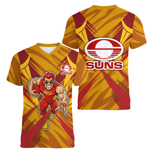 Gold Coast Suns Australian Football Women V-Neck T-Shirt Heroic Solar Mascot - Bold Team Colors