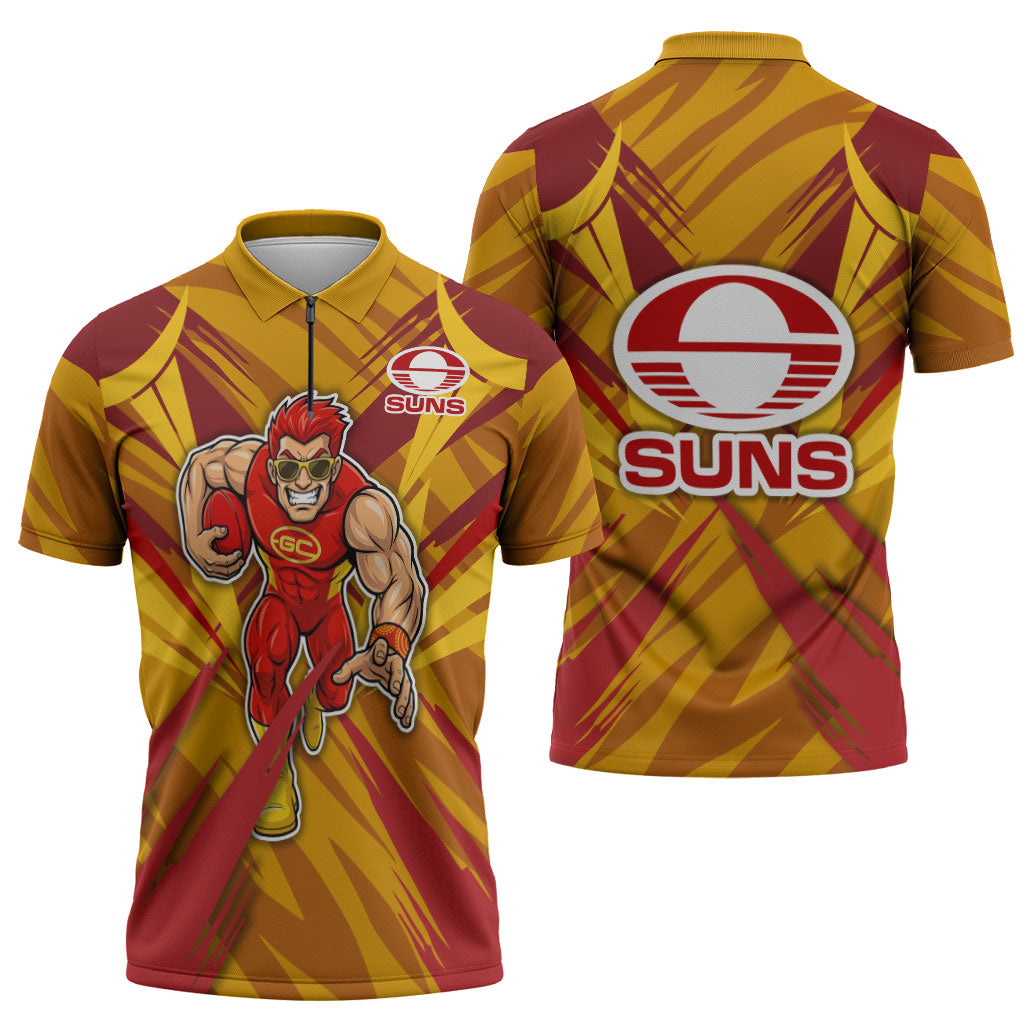 Gold Coast Suns Australian Football Zipper Polo Shirt Heroic Solar Mascot - Bold Team Colors