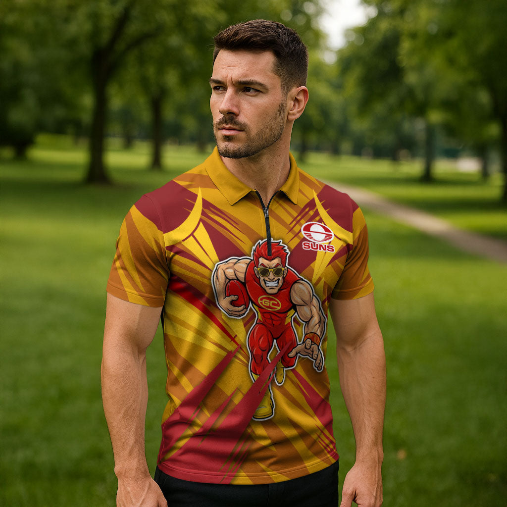 Gold Coast Suns Australian Football Zipper Polo Shirt Heroic Solar Mascot - Bold Team Colors
