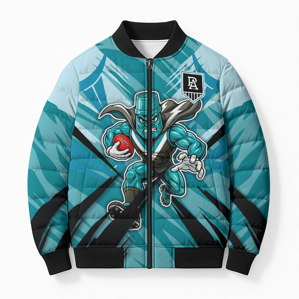 Port Adelaide Power Australian Football Bomber Puffer Jacket Powerful Superhero Mascot - Bold Team Colors
