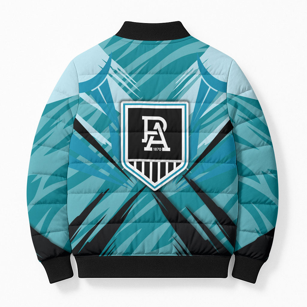 Port Adelaide Power Australian Football Bomber Puffer Jacket Powerful Superhero Mascot - Bold Team Colors