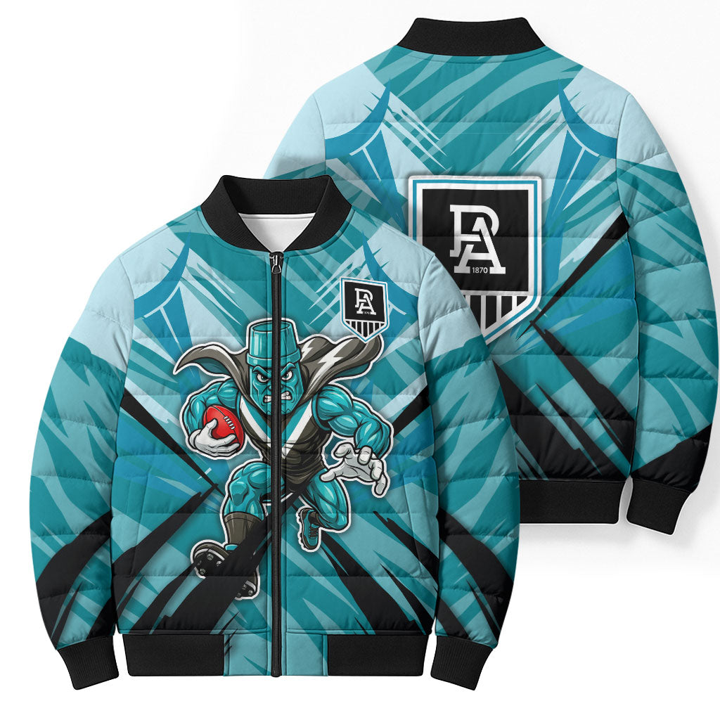 Port Adelaide Power Australian Football Bomber Puffer Jacket Powerful Superhero Mascot - Bold Team Colors