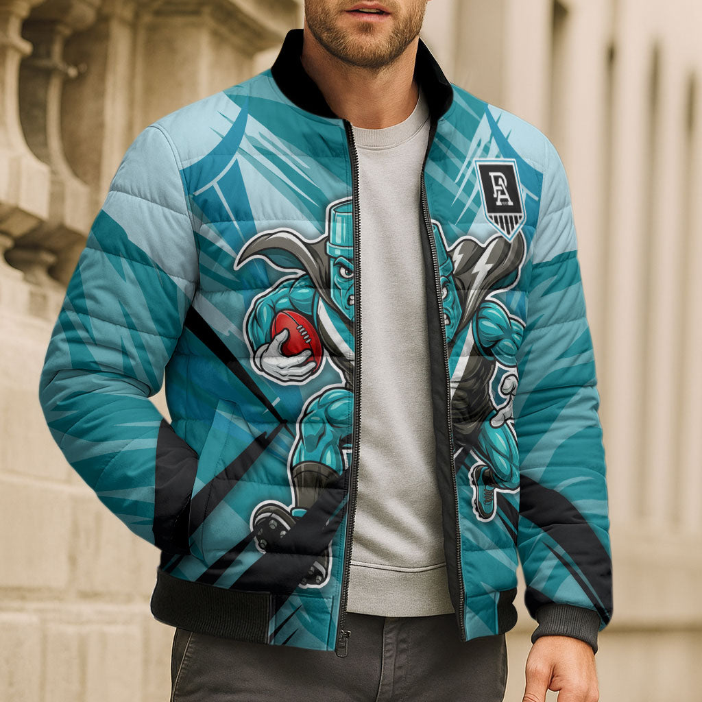 Port Adelaide Power Australian Football Bomber Puffer Jacket Powerful Superhero Mascot - Bold Team Colors