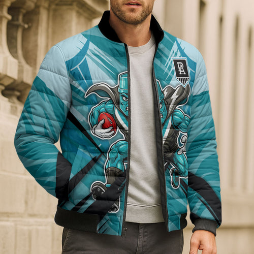 Port Adelaide Power Australian Football Bomber Puffer Jacket Powerful Superhero Mascot - Bold Team Colors