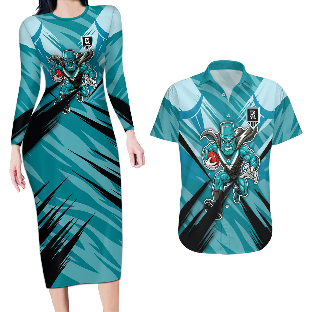 Port Adelaide Power Australian Football Couples Matching Long Sleeve Bodycon Dress and Hawaiian Shirt Powerful Superhero Mascot - Bold Team Colors