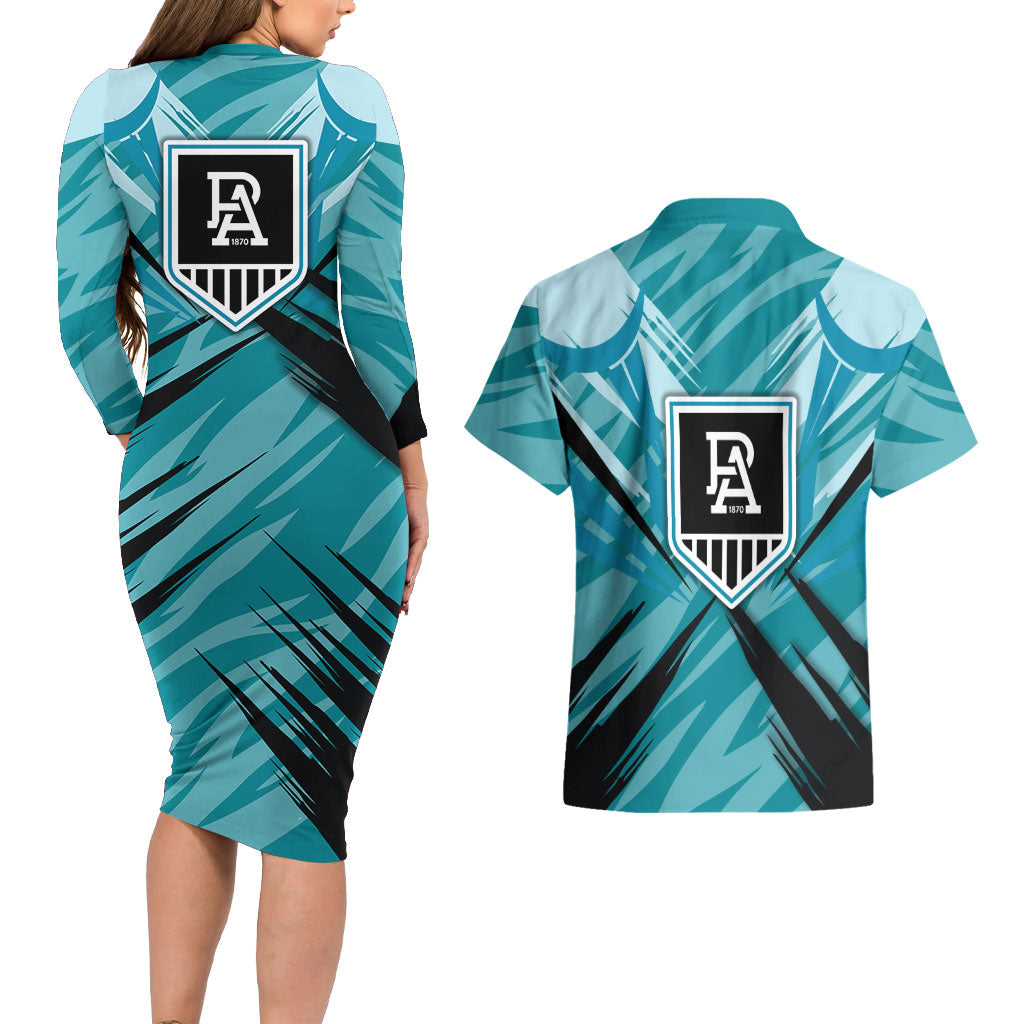 Port Adelaide Power Australian Football Couples Matching Long Sleeve Bodycon Dress and Hawaiian Shirt Powerful Superhero Mascot - Bold Team Colors