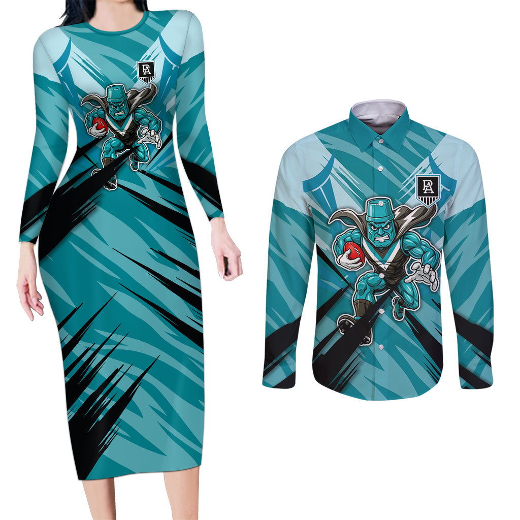 Port Adelaide Power Australian Football Couples Matching Long Sleeve Bodycon Dress and Long Sleeve Button Shirt Powerful Superhero Mascot - Bold Team Colors