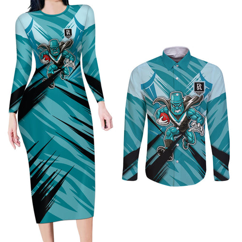 Port Adelaide Power Australian Football Couples Matching Long Sleeve Bodycon Dress and Long Sleeve Button Shirt Powerful Superhero Mascot - Bold Team Colors