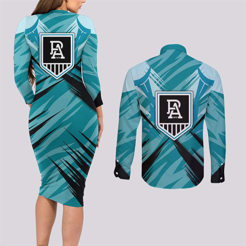 Port Adelaide Power Australian Football Couples Matching Long Sleeve Bodycon Dress and Long Sleeve Button Shirt Powerful Superhero Mascot - Bold Team Colors
