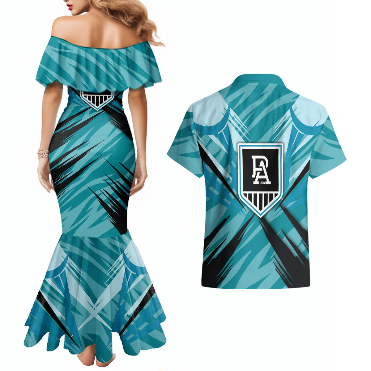 Port Adelaide Power Australian Football Couples Matching Mermaid Dress and Hawaiian Shirt Powerful Superhero Mascot - Bold Team Colors