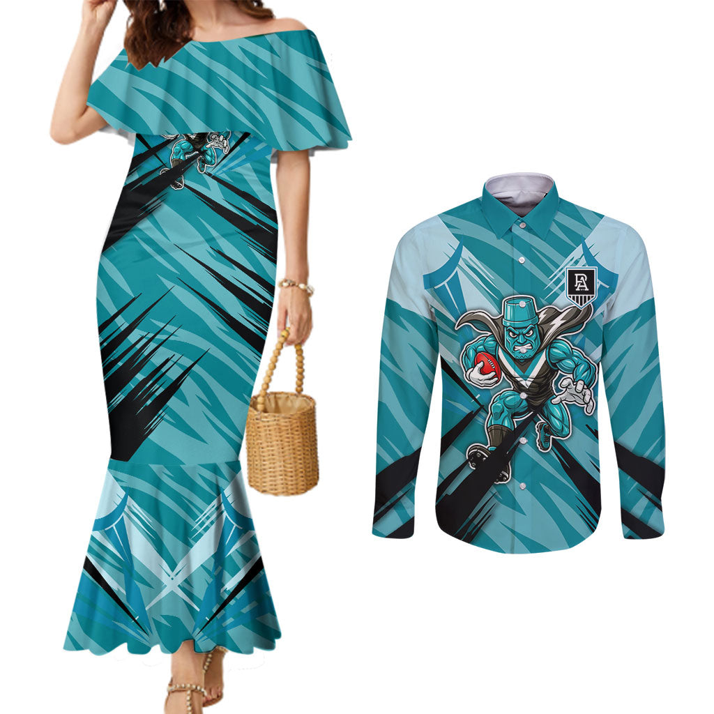 Port Adelaide Power Australian Football Couples Matching Mermaid Dress and Long Sleeve Button Shirt Powerful Superhero Mascot - Bold Team Colors