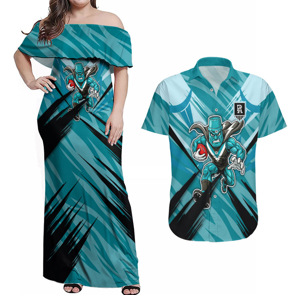 Port Adelaide Power Australian Football Couples Matching Off Shoulder Maxi Dress and Hawaiian Shirt Powerful Superhero Mascot - Bold Team Colors