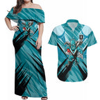 Port Adelaide Power Australian Football Couples Matching Off Shoulder Maxi Dress and Hawaiian Shirt Powerful Superhero Mascot - Bold Team Colors
