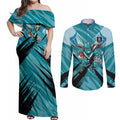 Port Adelaide Power Australian Football Couples Matching Off Shoulder Maxi Dress and Long Sleeve Button Shirt Powerful Superhero Mascot - Bold Team Colors