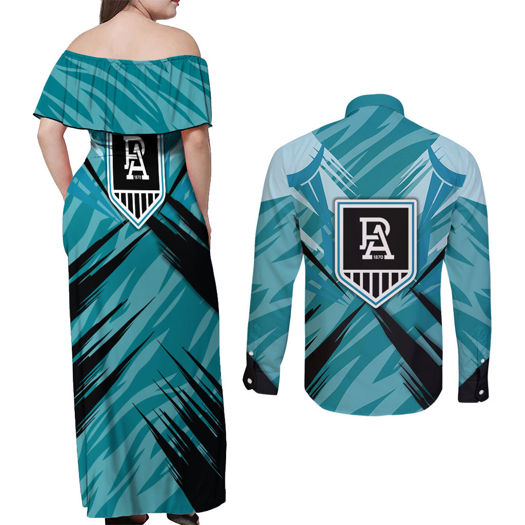 Port Adelaide Power Australian Football Couples Matching Off Shoulder Maxi Dress and Long Sleeve Button Shirt Powerful Superhero Mascot - Bold Team Colors