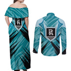 Port Adelaide Power Australian Football Couples Matching Off Shoulder Maxi Dress and Long Sleeve Button Shirt Powerful Superhero Mascot - Bold Team Colors