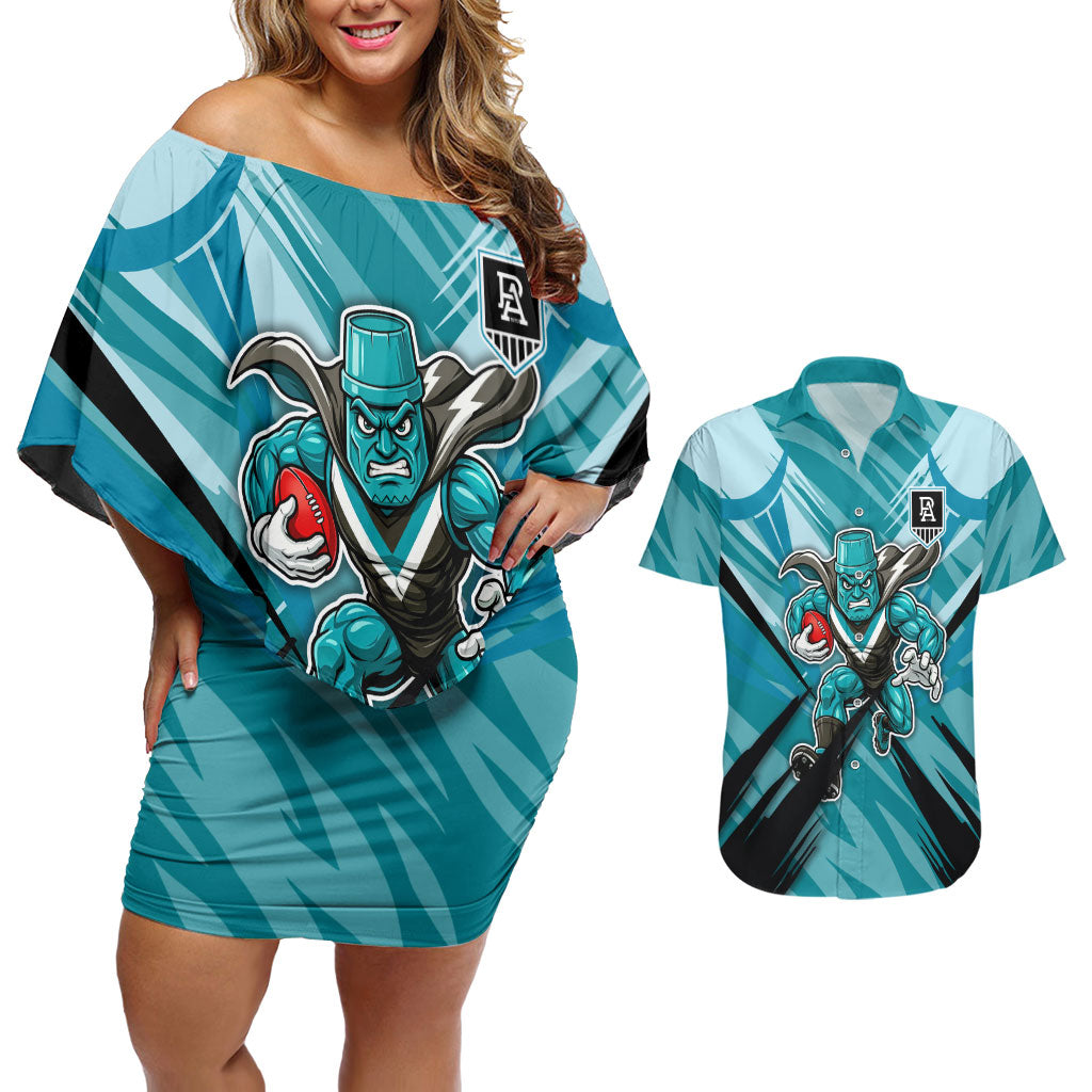 Port Adelaide Power Australian Football Couples Matching Off Shoulder Short Dress and Hawaiian Shirt Powerful Superhero Mascot - Bold Team Colors