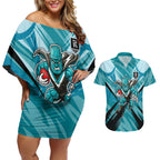 Port Adelaide Power Australian Football Couples Matching Off Shoulder Short Dress and Hawaiian Shirt Powerful Superhero Mascot - Bold Team Colors